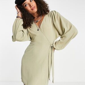 ASOS design textured long sleeve wrap mini tea dress khaki size 12 NWOT